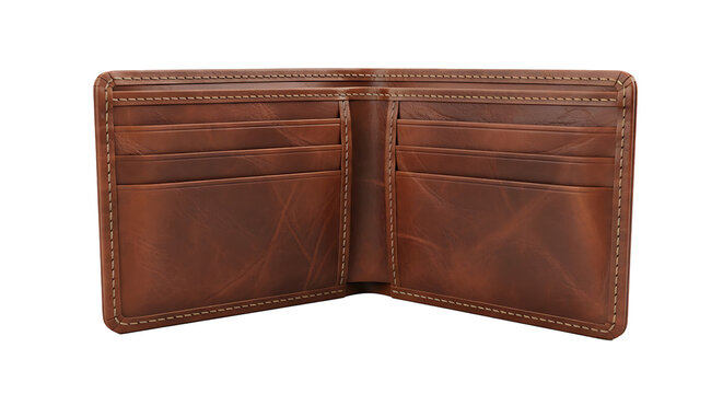 Brown leather wallet opened showing multiple card slots and cash compartment on white background