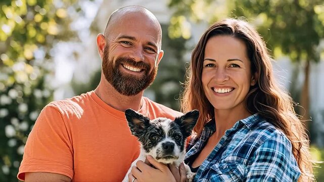 Couple holding small dog outdoors