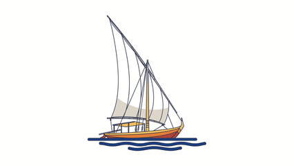 A simple illustration of a sailboat with orange hull and white sails on calm blue water against a plain white background. © Nan Langit