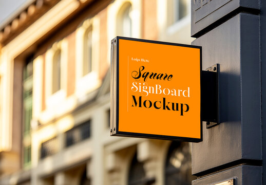 Outdoor Square Shop Signboard Mockup on Building Corner