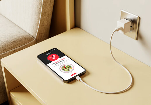 Smartphone Mockup Charging on Bedside Table with Power Adapter