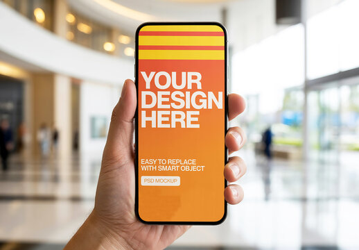 Smartphone Screen Mockup Held in Hand with Blurred Interior Background