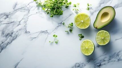 Fresh fruits and herbs on marble