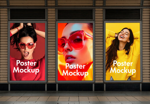 Three Vertical Subway Poster Mockups for Fashion Advertising