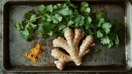 Fresh ginger and coriander on a metal tray