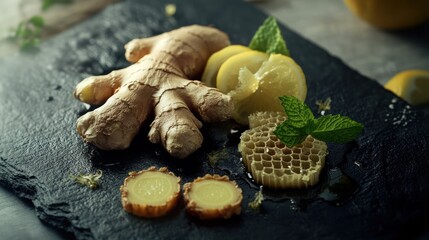 Fresh ginger, lemon, honey, and mint
