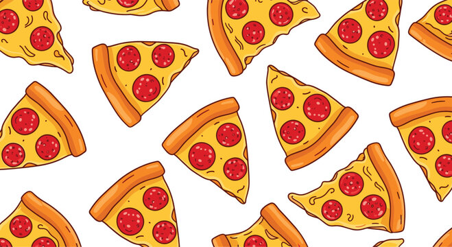 Seamless pizza slice pattern vector with pepperoni cheese slices for fast food background and packaging design