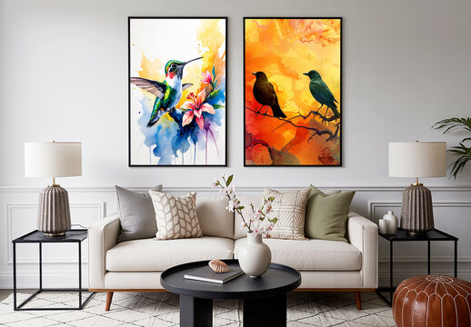 Dual Vertical Framed Art Mockups on Wall in Modern Living Room