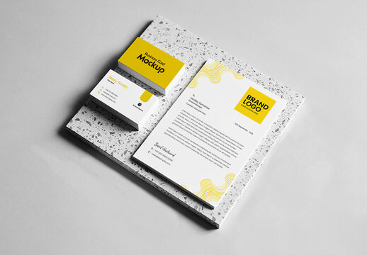 Minimalist Stationery Branding Mockup Set on Terrazzo Stone Base