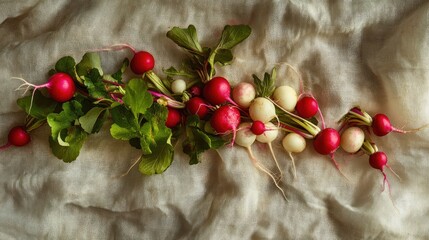 Fresh radishes arranged on fabric