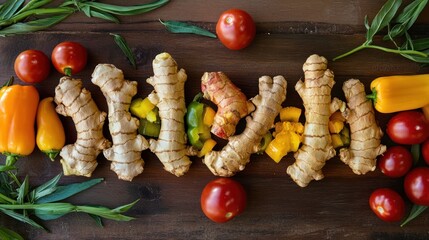 Fresh root vegetables and peppers on a wooden board