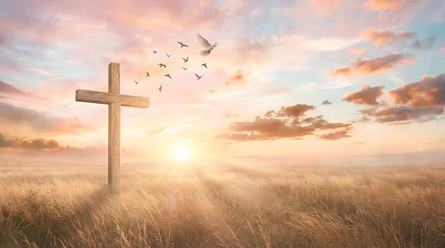Christian cross in field with birds and sunrise for Easter resurrection religious concept banner