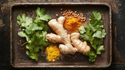 Fresh spices on rustic tray