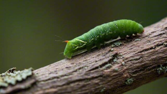 Green caterpillar on a textured branch