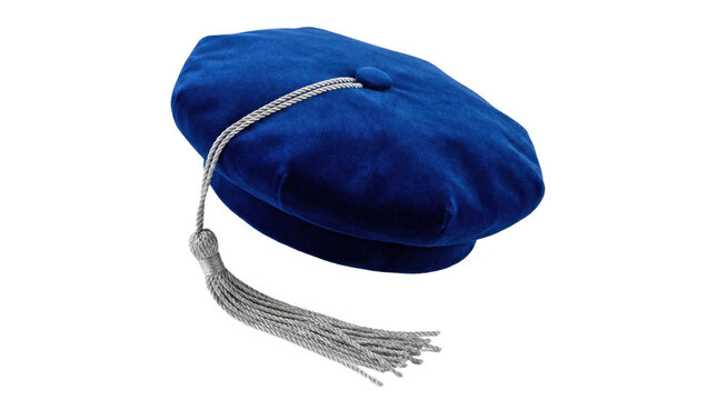 Blue velvet doctoral tam with silver tassel on a white background, symbolizing academic achievement and graduation