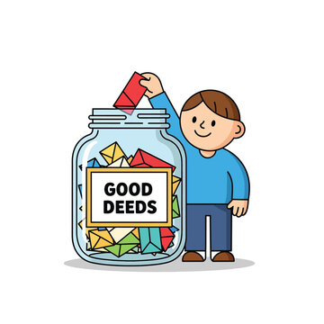 Little boy placing red envelope into large glass jar labeled good deeds filled with colorful paper notes to celebrate kindness and positive actions