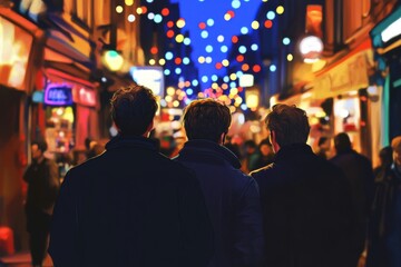 Friends walking through a vibrant night market street