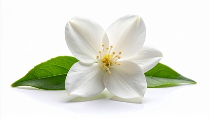 Fototapeta premium Stunning macro closeup of a single fresh white jasmine or mock-orange flower with delicate petals and vibrant yellow stamens, alongside two green leaves, isolated on a pure white background.