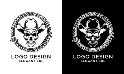Skull wearing cowboy hat with rope frame logo design. © Ramon