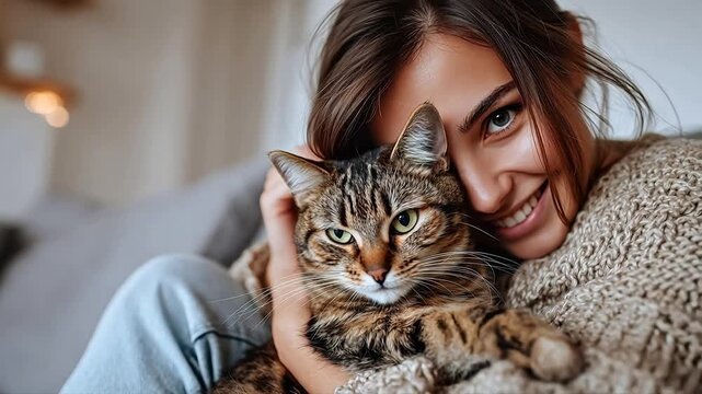 A woman cuddling a tabby cat indoors, both looking at the camera with a warm and cozy atmosphere.
