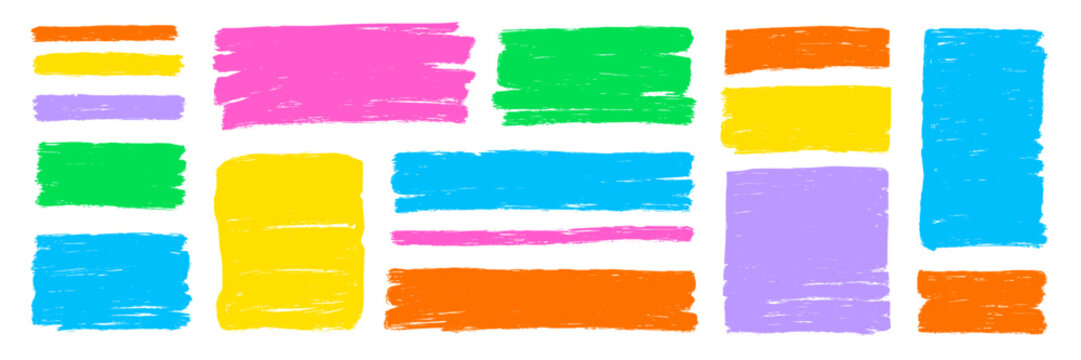 Rectangle, square box frames with colorful brush strokes set. Hand drawn crayon brush strokes square and rectangle doodle frame shapes. Rough grunge texture pastel background. Vector illustration