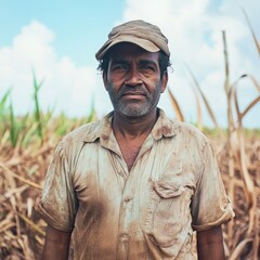 Sugarcane farmer in field under sky