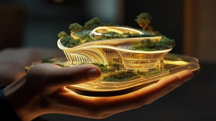 Futuristic building model, illuminated, held in hands