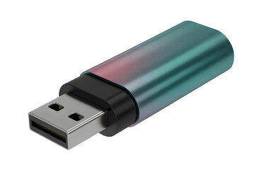 USB flash drive with rainbow gradient metallic casing plugged in isolated on transparent background
