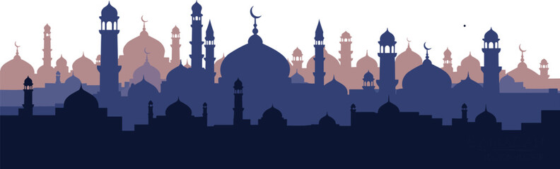 "Islamic cityscape silhouette with domes and minarets topped by crescent moons, layered skyline in blue and pink tones, cultural heritage architecture illustration" © MdMahatab
