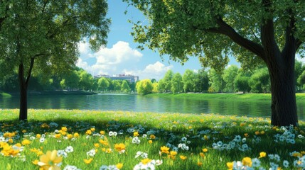 Obraz premium Vibrant Green Park with Calm Lake and Wildflowers