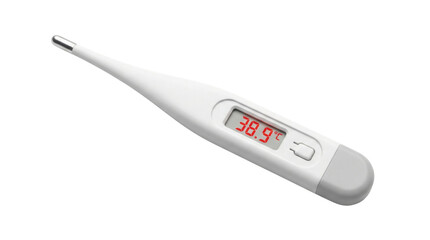 White digital medical thermometer displaying a high fever temperature of 38.9 degrees Celsius, isolated on a clean white background.