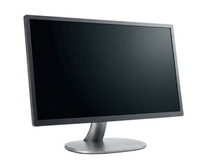 Sleek dark gray computer monitor with a matte black screen and curved stand, isolated on a pure white background for technology mockups and UI design.