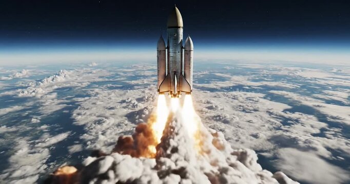 Rocket launching into the sky, surrounded by clouds and smoke, with a scenic landscape below