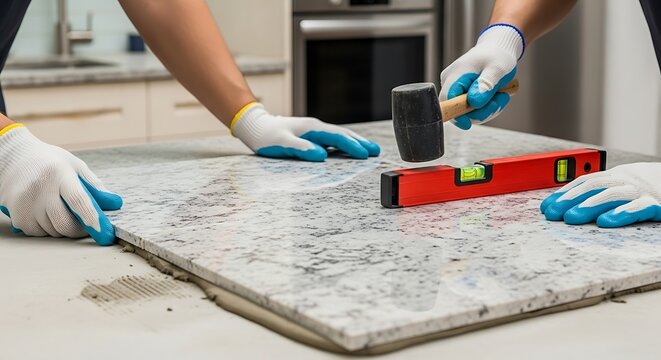 Installing granite countertop slab with level and rubber mallet tool