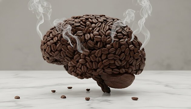 Conceptual image a brain made of coffee beans with steam, representing the stimulating power of caffeine on mental energy, focus, and cognitive function