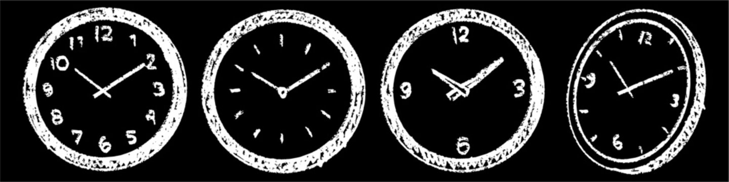 Set editable chalk drawing clock vector for school themes. Ideal for blackboard schedules, classroom learning, and academic deadlines. Symbolizes study time and passing hours.