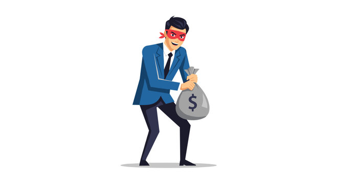 A cunning cartoon thief in a business suit and red mask stealthily carries a sack of money, symbolizing financial crime and illicit gains.