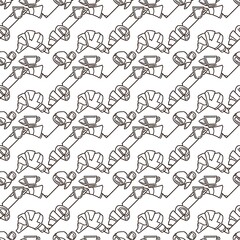 Fototapeta premium Breakfast Pattern - Croissants, Coffee, and Delightful Repetition on White Background.