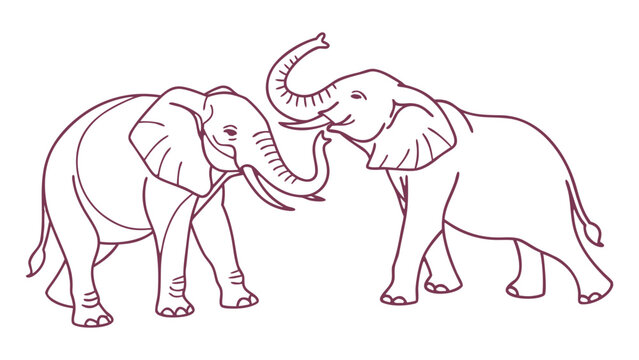 Two intertwined trunk elephants line in maroon on white background intertwined trunks animal interaction
