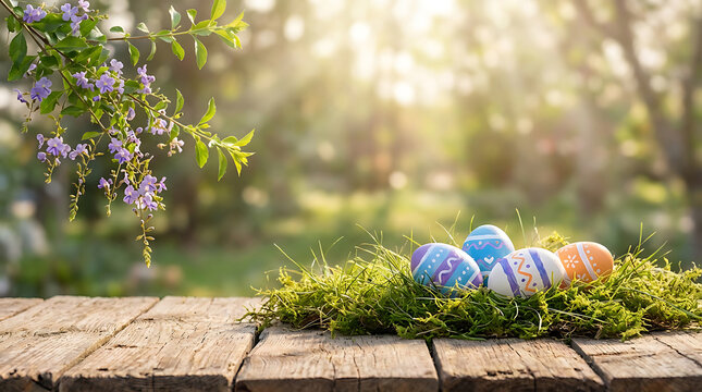 Colorful Easter eggs on green grass over wooden table in sunny garden for spring holiday background