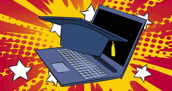 Cartoon Laptop, comic book Notebook with Graduation Cap. Retro cartoon comics pop art animation.