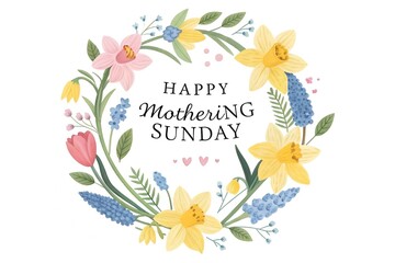 Beautiful watercolor style floral wreath illustration celebrating happy mothering sunday wishes with bright spring flowers and heartfelt text design