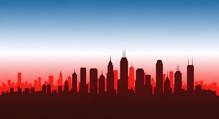 Fototapeta premium Urban cityscape silhouette against a patriotic red, white, and blue gradient sky. Concept for national infrastructure, urban development, or US election campaigns.