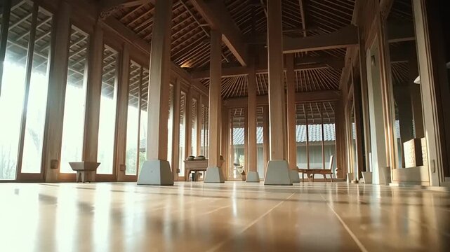 Traditional Javanese Joglo Interior Living Space - Minimalist Architecture in Serene Environment