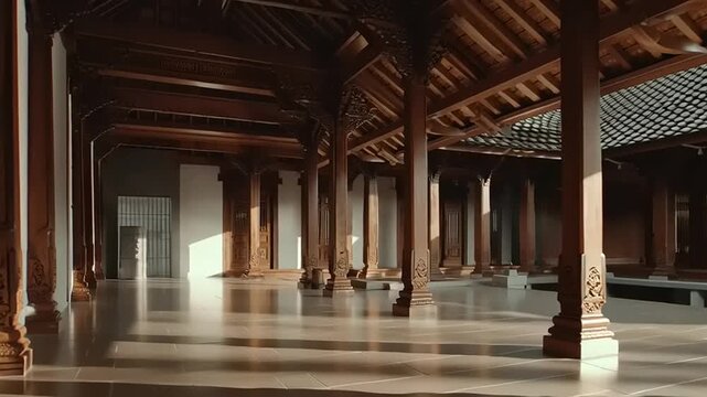 Traditional Javanese Joglo Interior Design, Minimalist Living Space, Stylish Architecture, Natural Light, Serene Environment