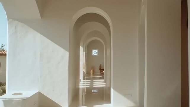 Elegant Minimalist Moroccan Riad Interior Living Space, Natural Light, Tranquil Ambiance, Architectural Design