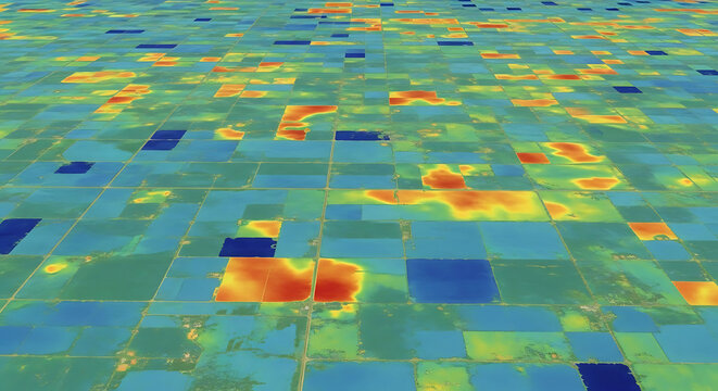 NDVI and Thermal remote sensing map shows agricultural fields, visualizing crop health and environmental stress for precision farming and optimal management