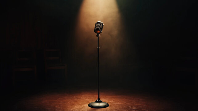 Vintage microphone standing alone under dramatic spotlight on dark empty stage
