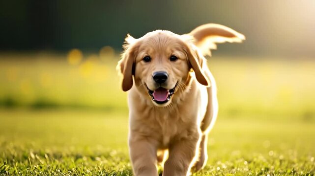 Running Golden Retriever Puppy Playfully Chasing Ball in Sunlit Field