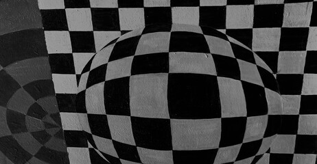 Obraz premium Black and white abstract geometric mural with warped checkerboard illusion, red radial pattern, yellow and blue squares, optical art background, textured painted wall